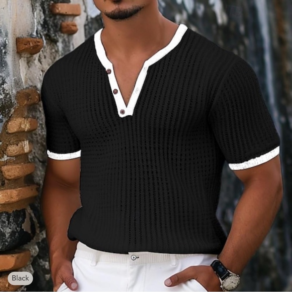 Men's Waffle Henley Shirt Waffle Knit Tee Top Solid Color V Neck Men’s Size 3XL